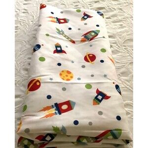 Mainstays Kids White Planets Printed Polyester FLAT Sheet Full New Rockets Plane